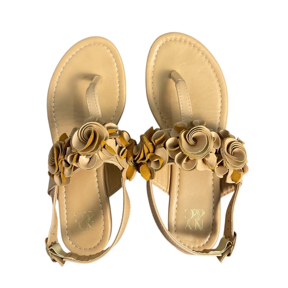 New York & Company Tan Floral Thong Slingback Sandals Size 6‎ Womens Flat Shoes